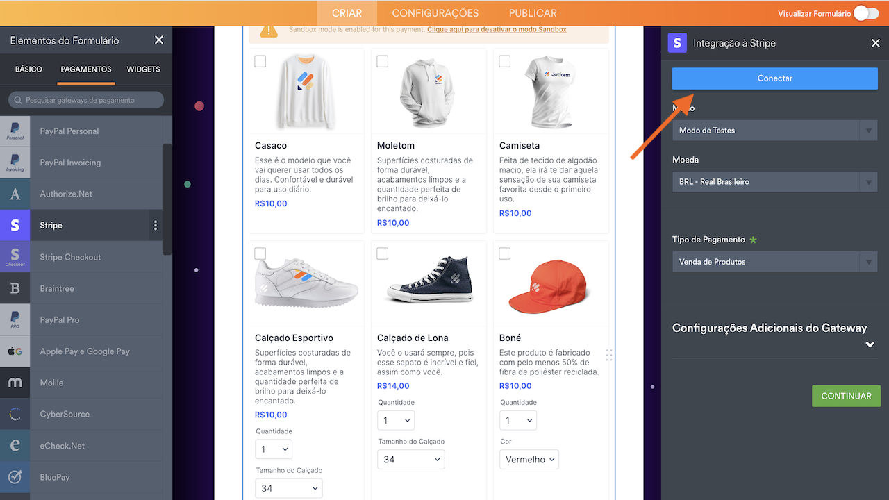 Clicando no botão Conectar na integração ao Stripe no Criador de Formulários Jotform