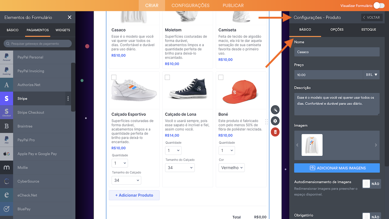 Clicando no menu Básico nas Configurações do Produto