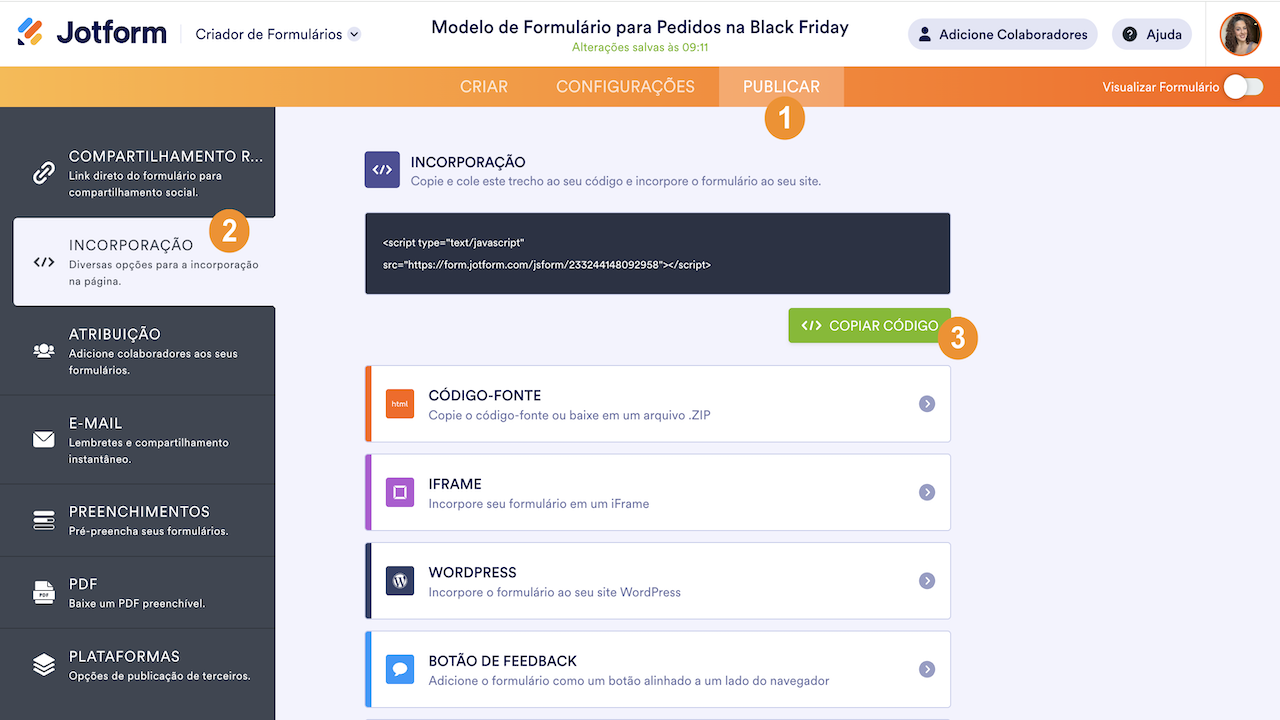 Clicando em Incorporação e depois em Copiar Código na guia Publicar