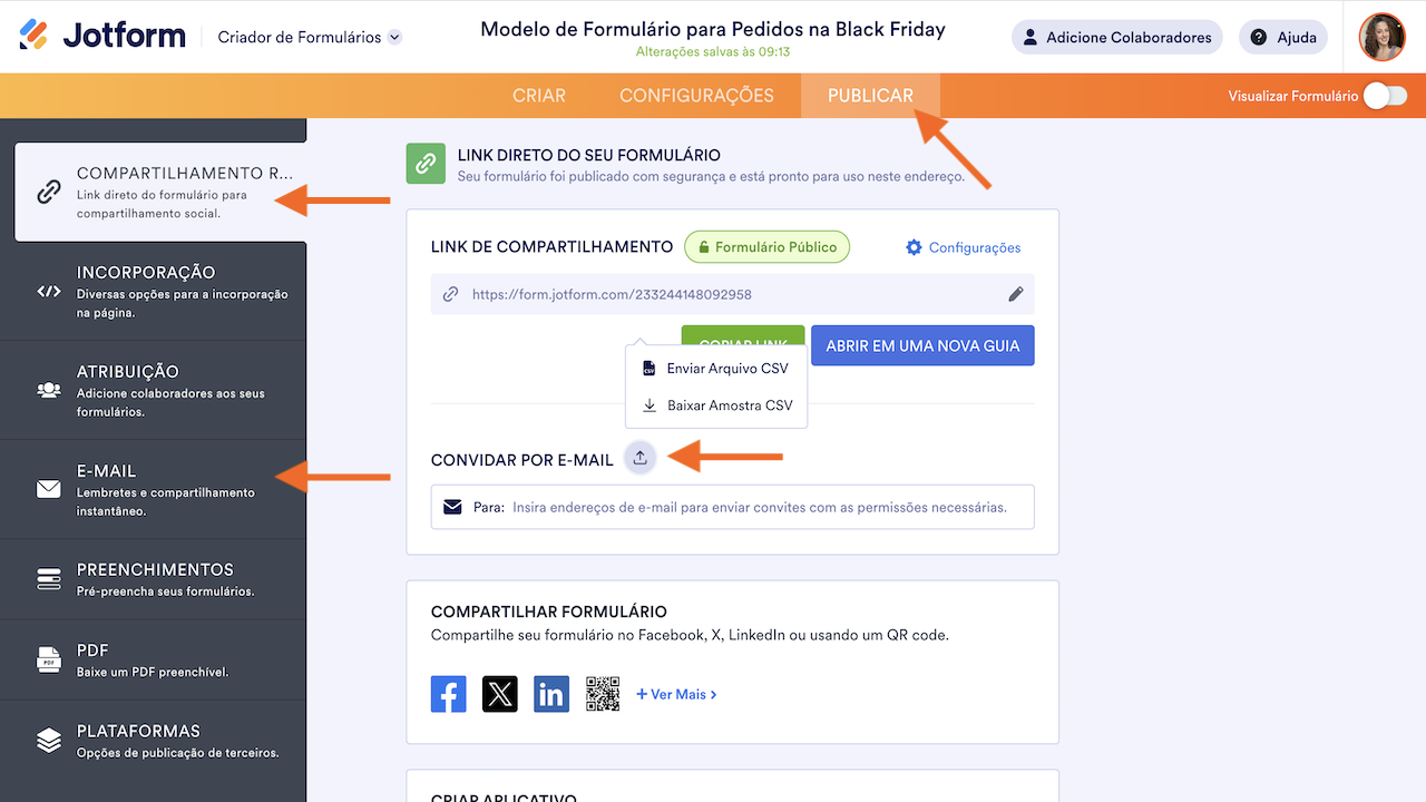 Clicando nas guias Compartilhamento Rápido e E-mail no menu Publicar