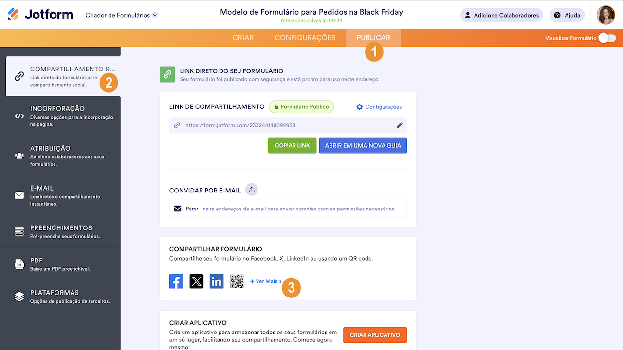 Clicando no menu Compartilhamento Rápido e visualizando as opções de compartilhamento do formulário na guia Publicar