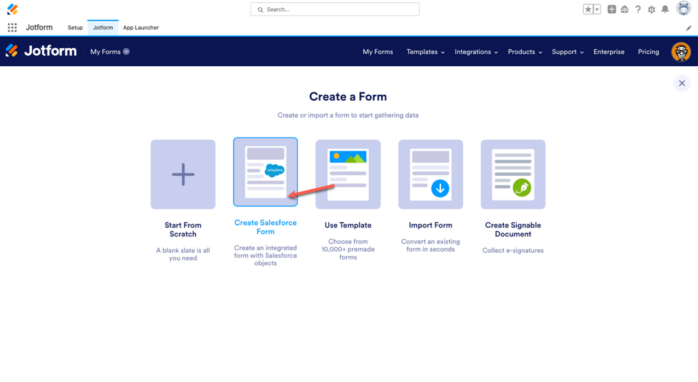 Create a Form Page in Jotform for Salesforce Clicking on Create Salesforce Form