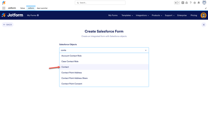 Create Salesforce Form Page in Jotform for Salesforce Clicking on Contact in Salesforce Object Options