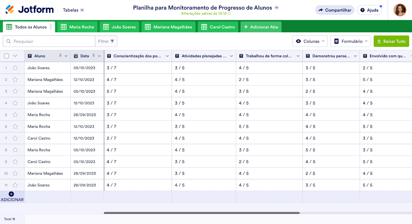 Imagem do Modelo de Planilha para Monitoramento de Progresso de Alunos