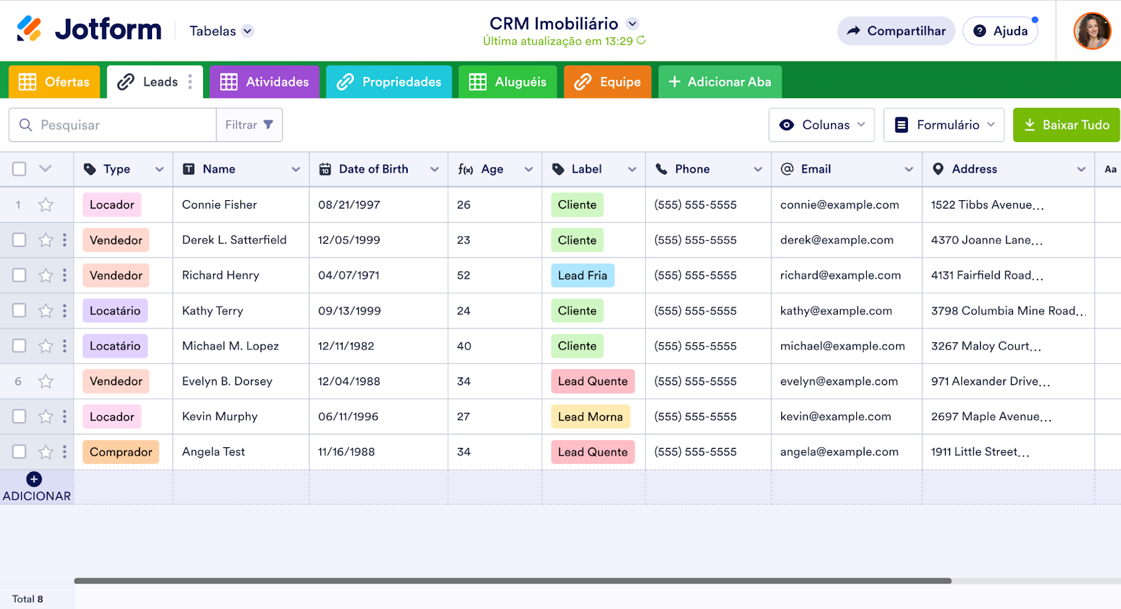 Modelo de CRM Imobiliário no Jotform Tabelas