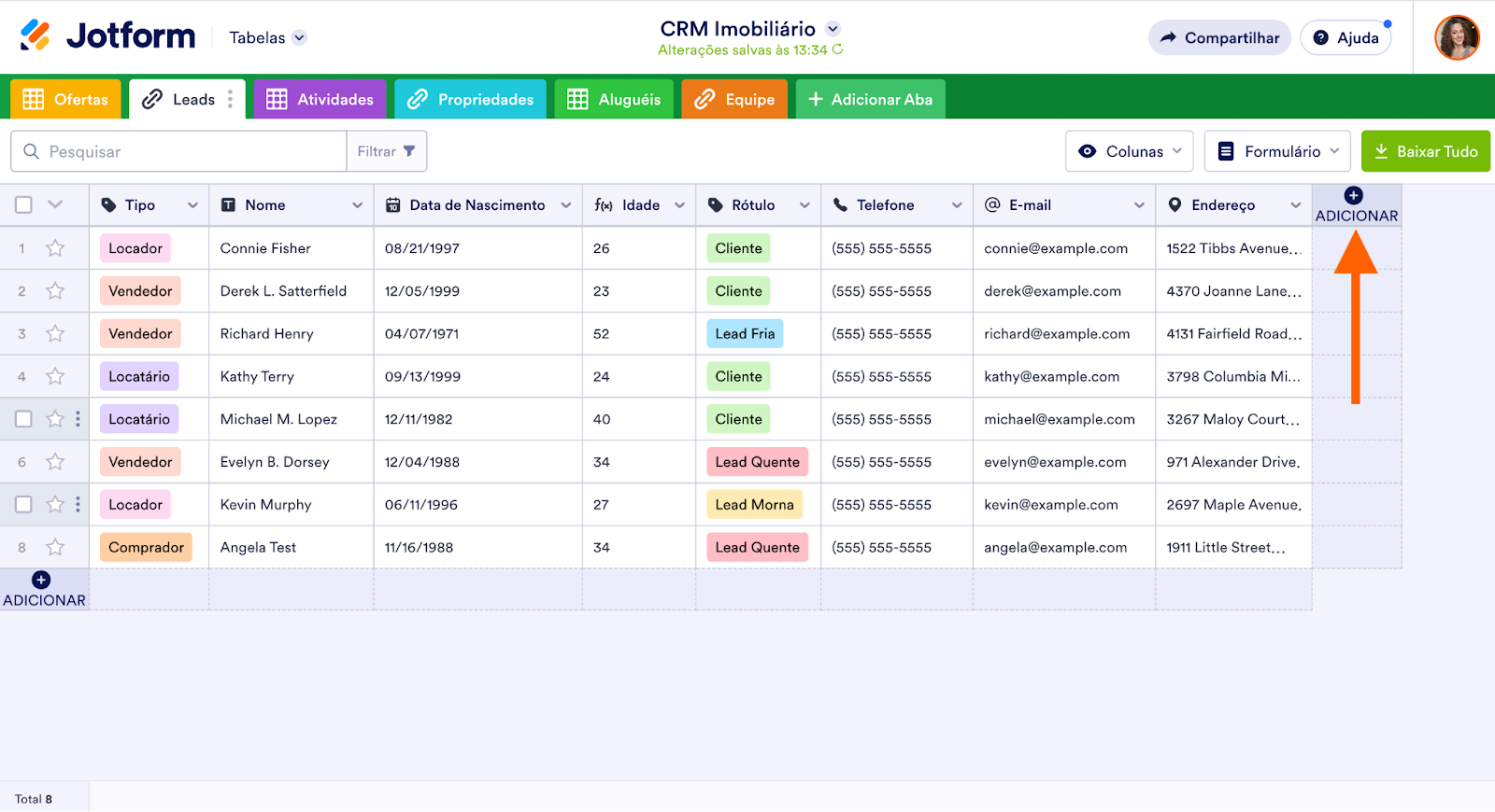 Modelo de CRM Imobiliário no Jotform Tabelas clicando em Adicionar