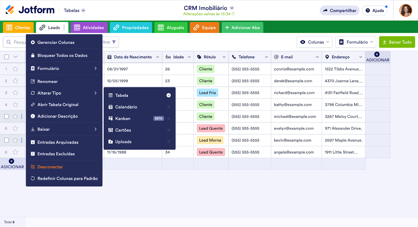 Modelo de CRM Imobiliário no Jotform Tabelas alterando o layout da área de trabalho