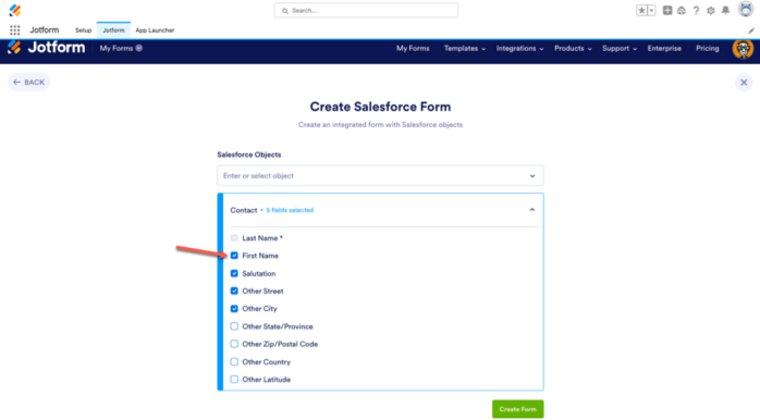 Create Salesforce Form Page in Jotform for Salesforce Selecting Fields