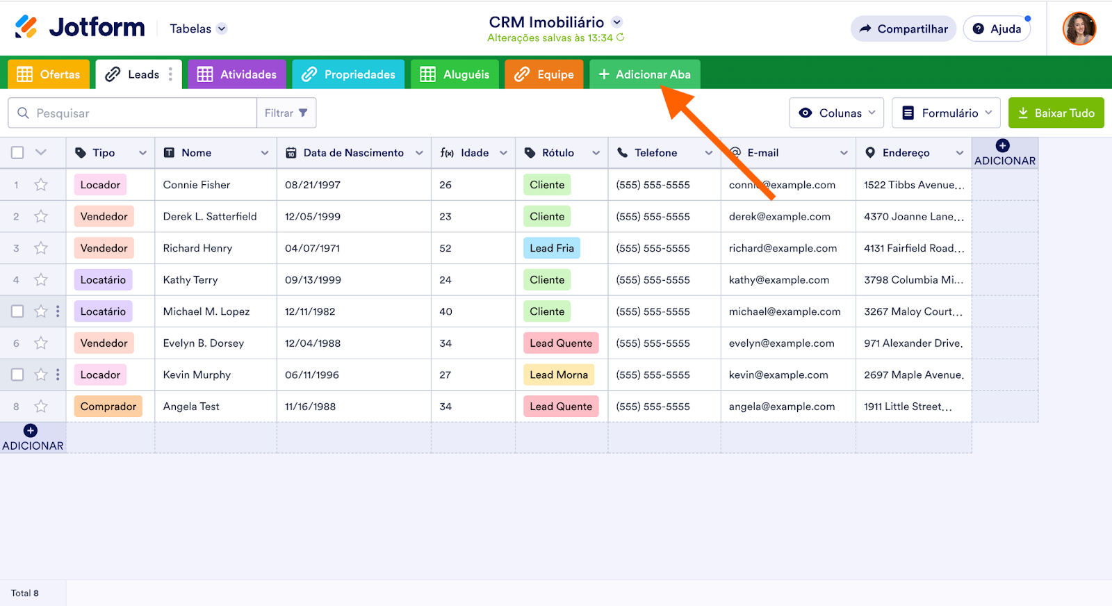 Modelo de CRM Imobiliário no Jotform Tabelas clicando em Adicionar Aba