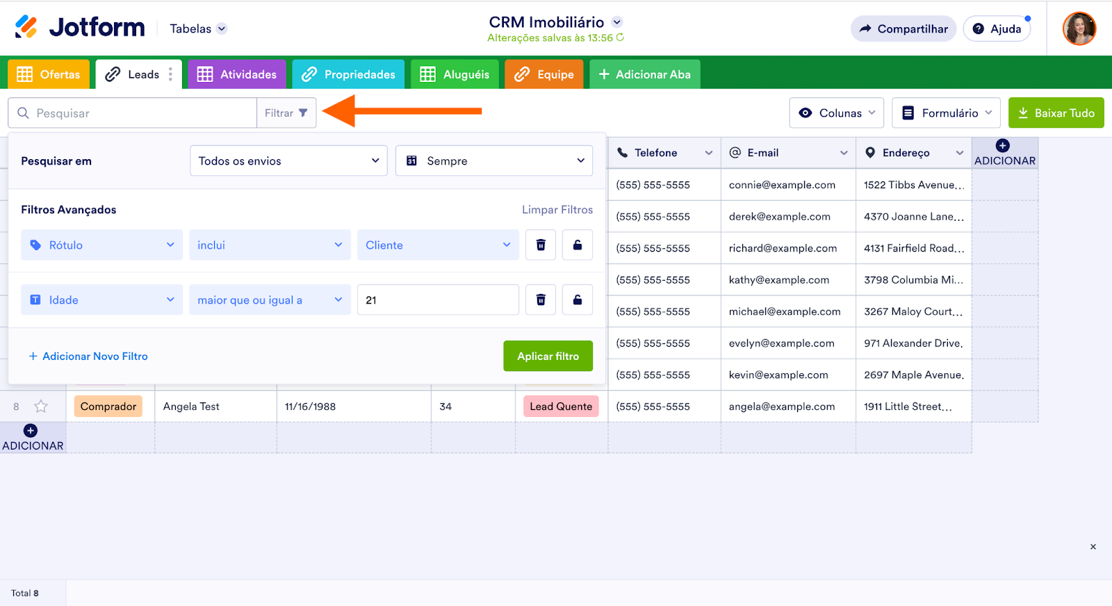 Modelo de CRM Imobiliário no Jotform Tabelas clicando no botão Filtrar e usando filtros avançados