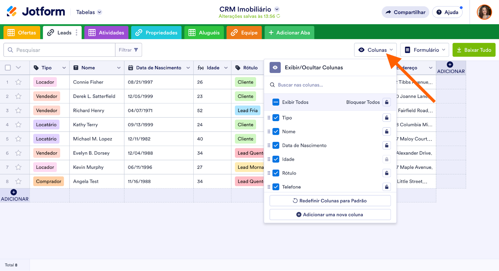 Modelo de CRM Imobiliário no Jotform Tabelas clicando em Colunas