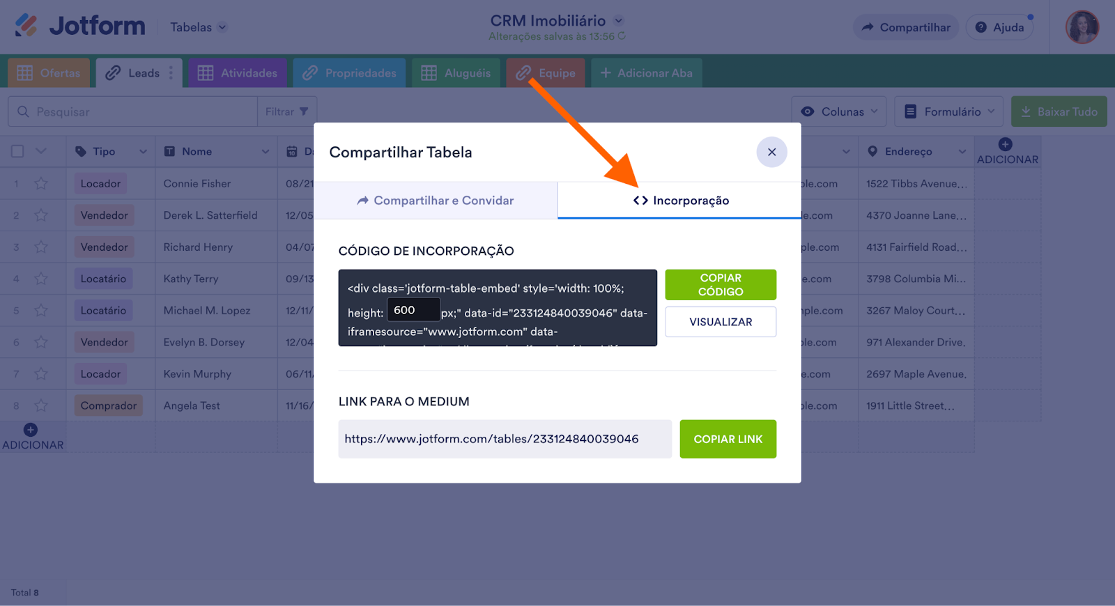 Modelo de CRM Imobiliário no Jotform Tabelas compartilhando tabela clicando em Incorporação