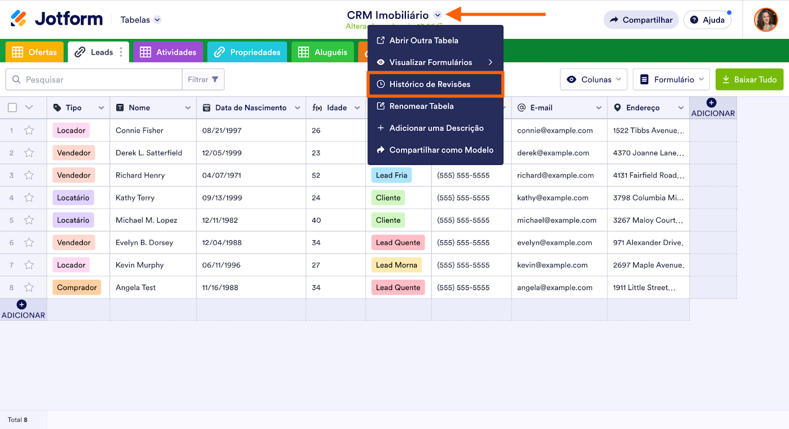 Modelo de CRM Imobiliário no Jotform Tabelas clicando em Histórico de Revisões