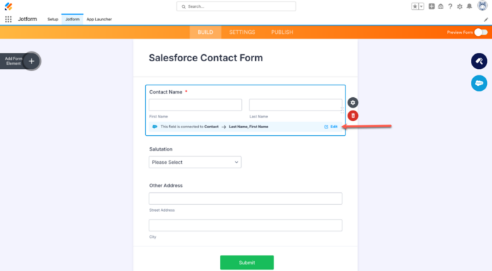 Salesforce Contact Form in Jotform for Salesforce Clicking on Form Elements