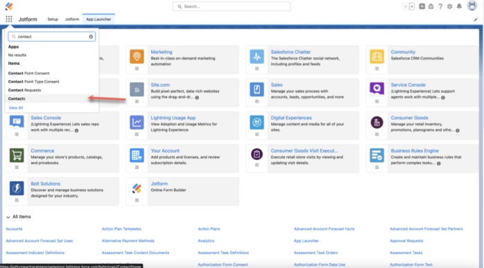 Salesforce App Launcher Page Clicking on Contacts in the 9-dot Menu