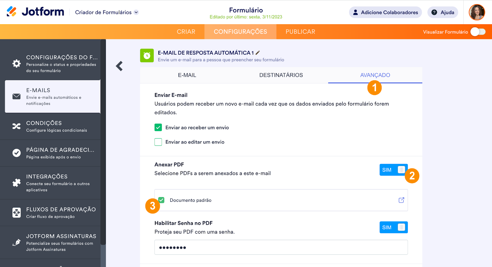 Guia Avançado nas Configurações do E-mail Automático ativando o recurso Anexar PDF do Criador de Formulários Jotform