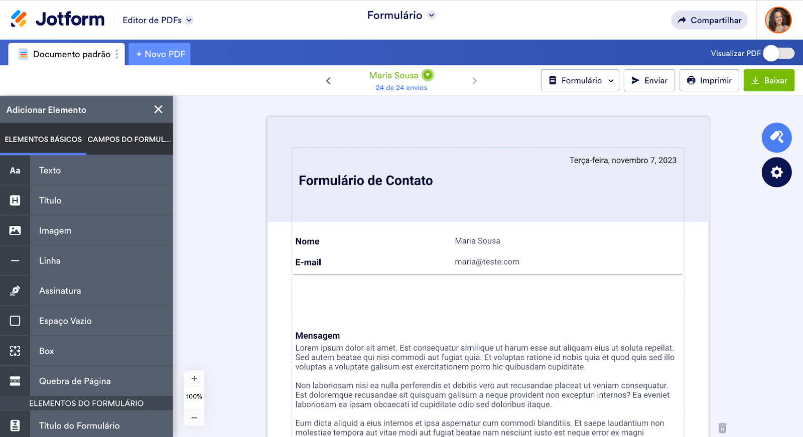 Formulário de contato no Editor de PDFs Jotform