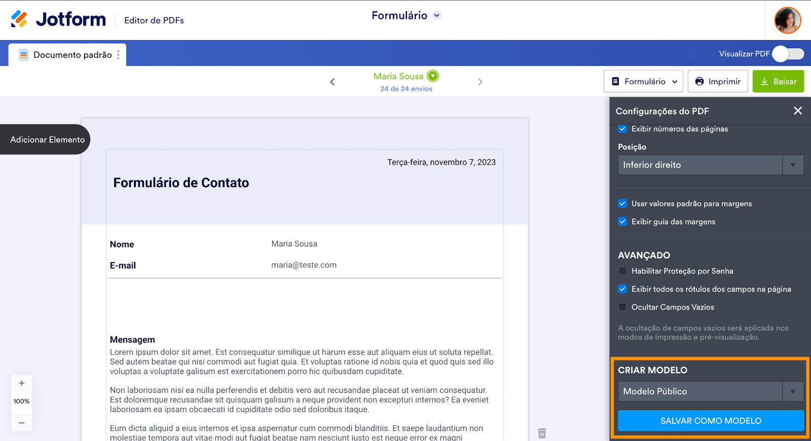 Criando um modelo no Editor de PDFs Jotform selecionando Modelo Público