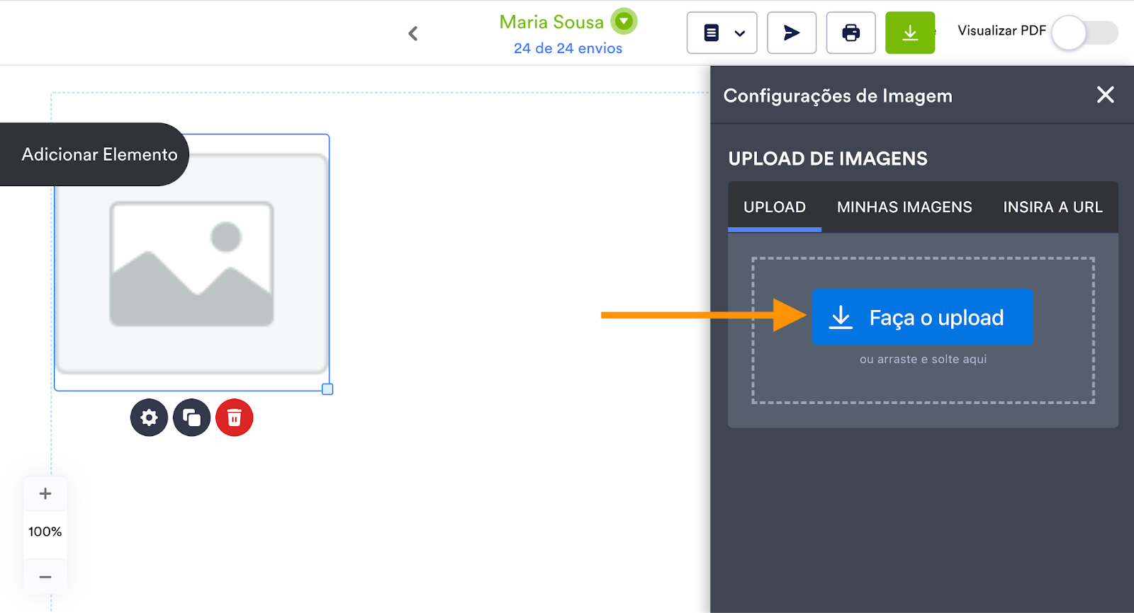 Fazendo o upload de um arquivo para um documento no Editor de PDFs Jotform