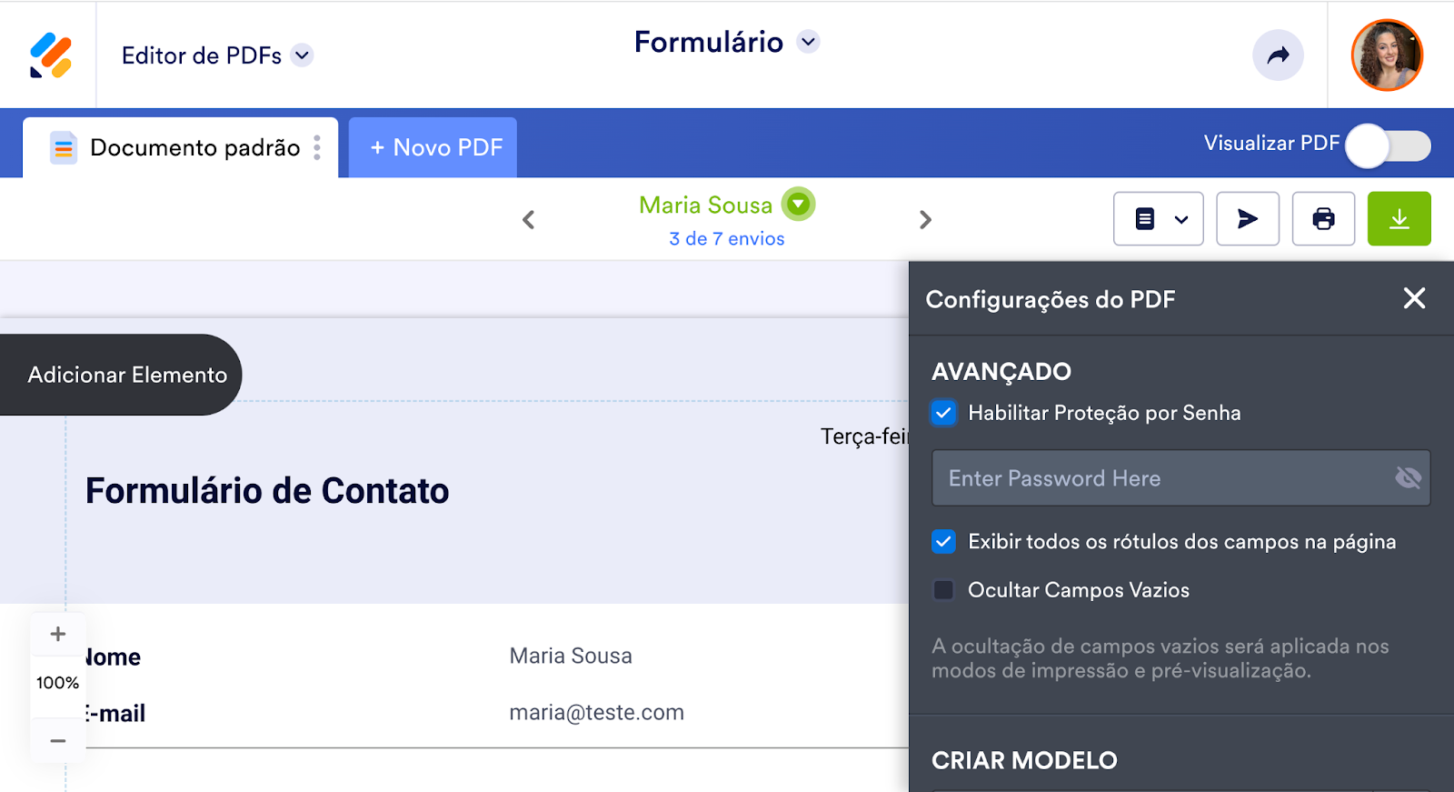 Configurações do PDF do Editor de PDFs Jotform