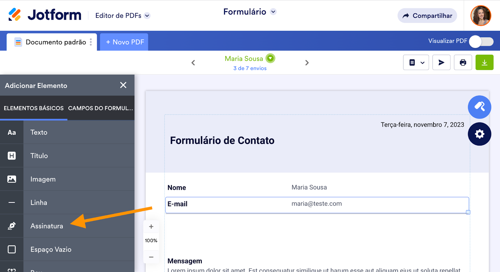Elemento de Assinatura do Editor de PDFs Jotform