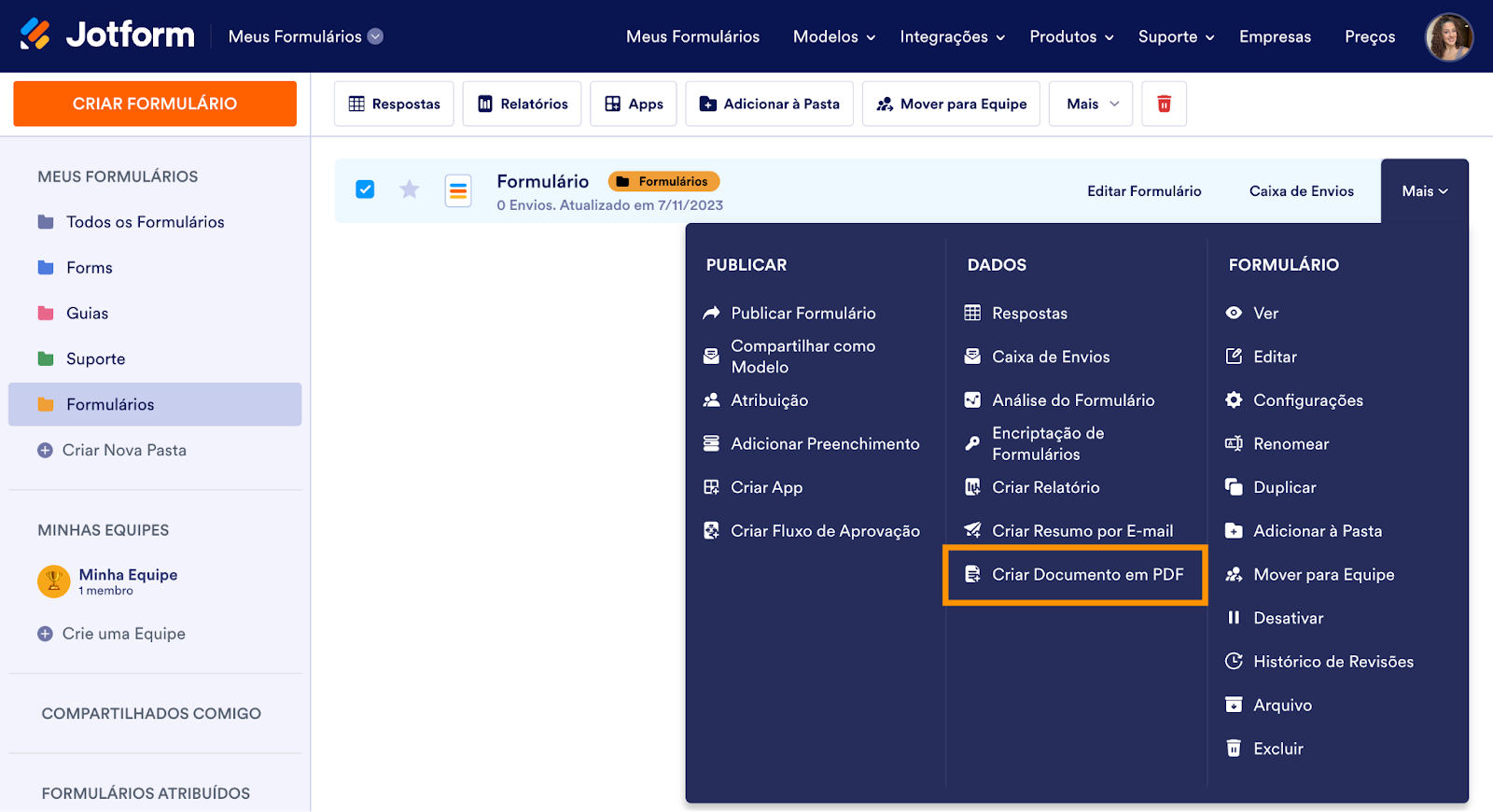 Painel da conta Jotform