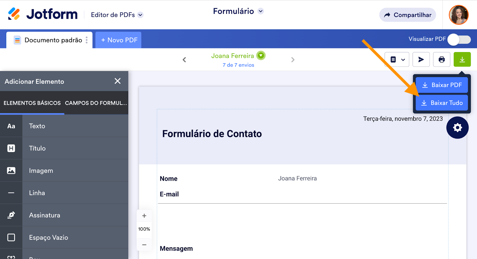 Clicando no botão Baixar Tudo no Editor de PDFs Jotform