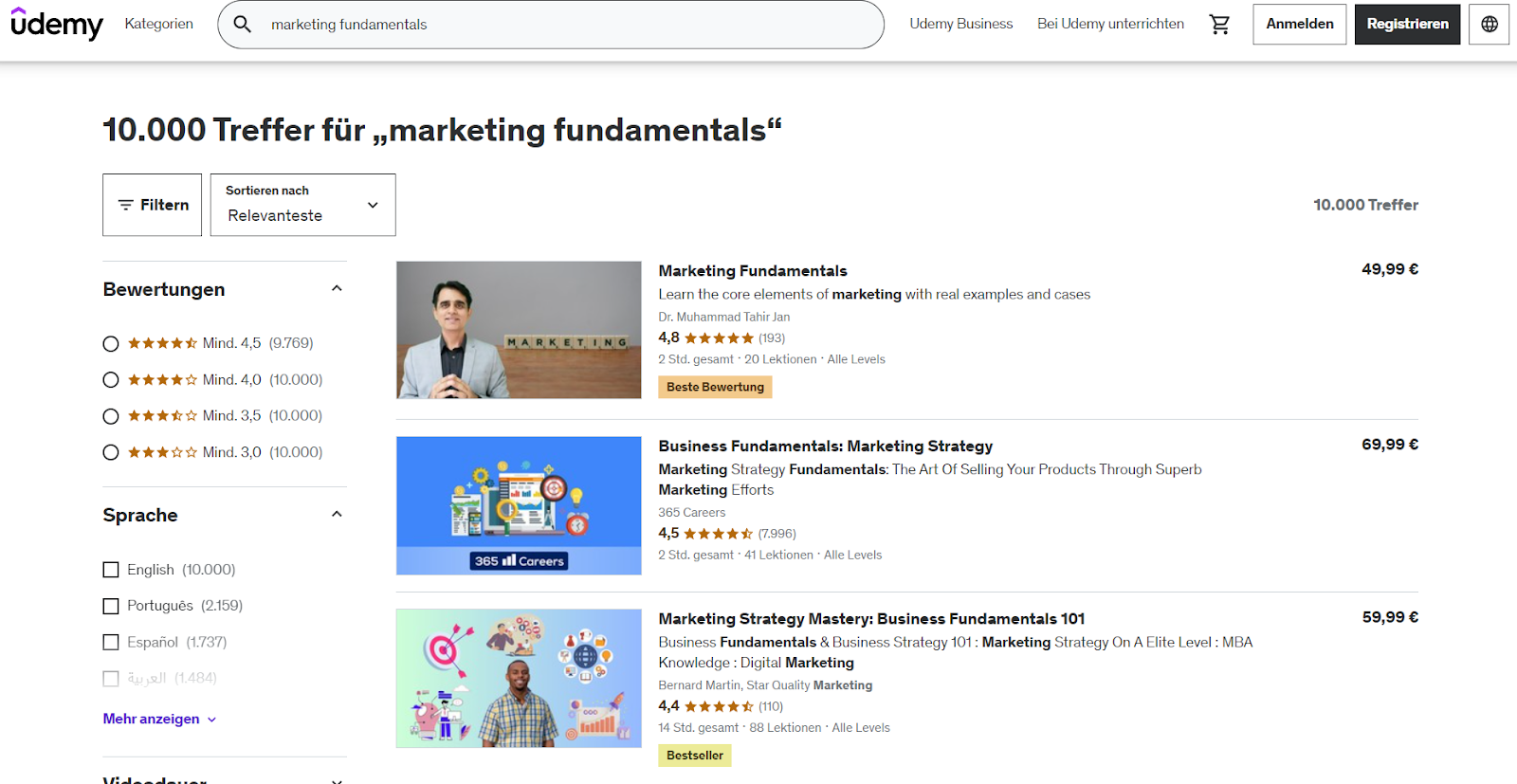 Benutzeroberfläche von Udemy