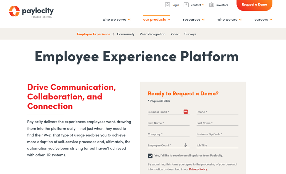 Paylocity Employee Experience Landing Page