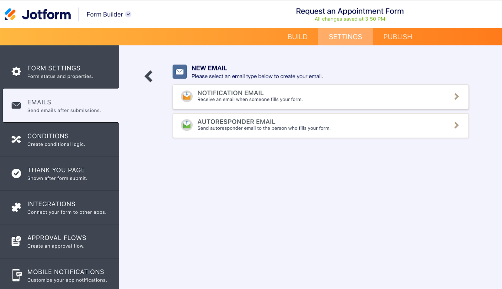 Settings Tab in the Jotform Form Builder Clicking on Emails then Notification Email