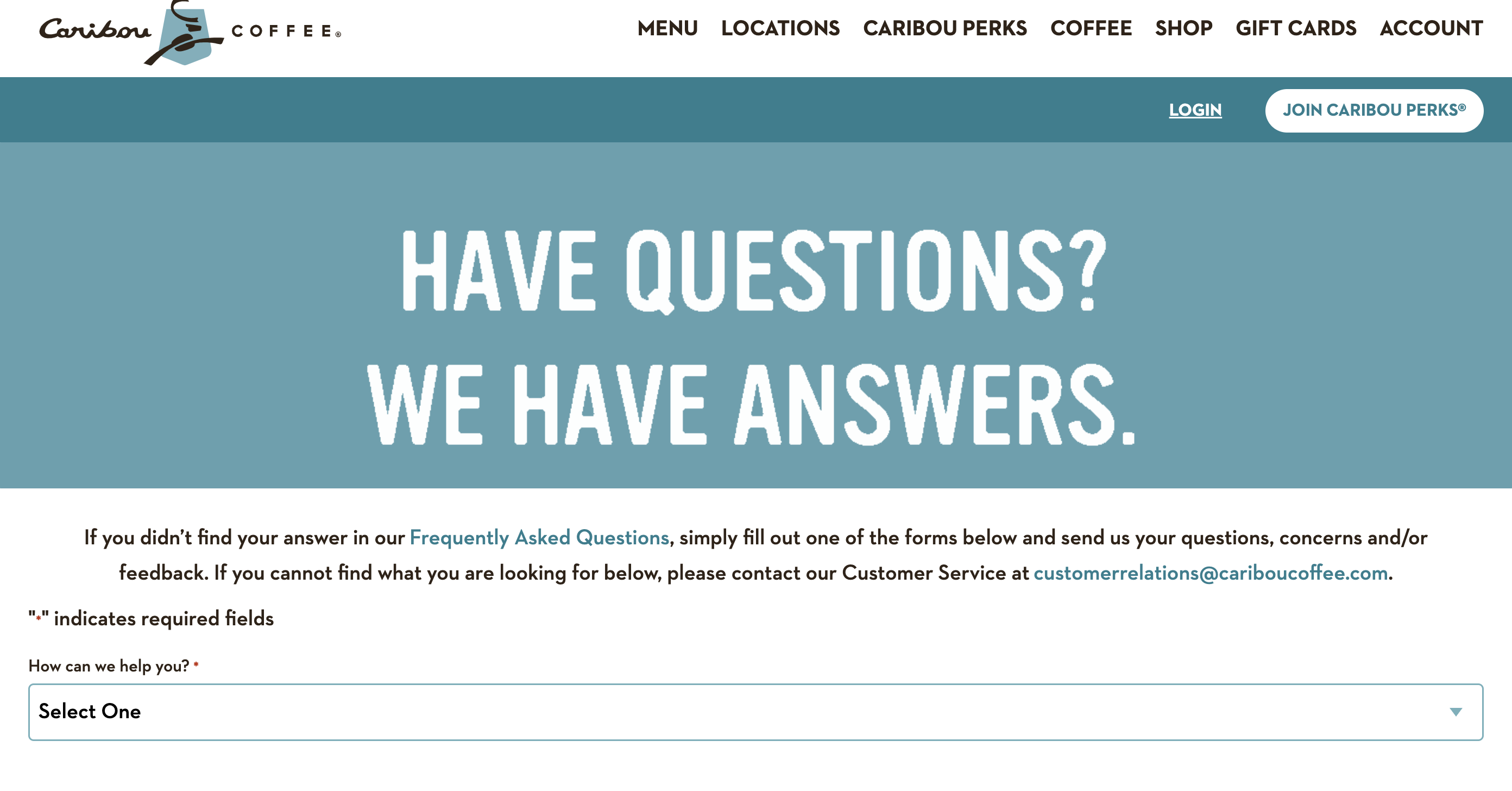 Caribou Coffee Contact Us Page