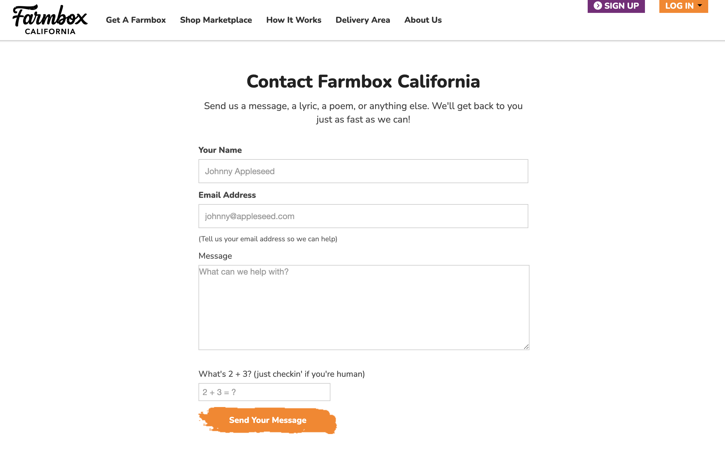 Farmbox California Contact Us Page