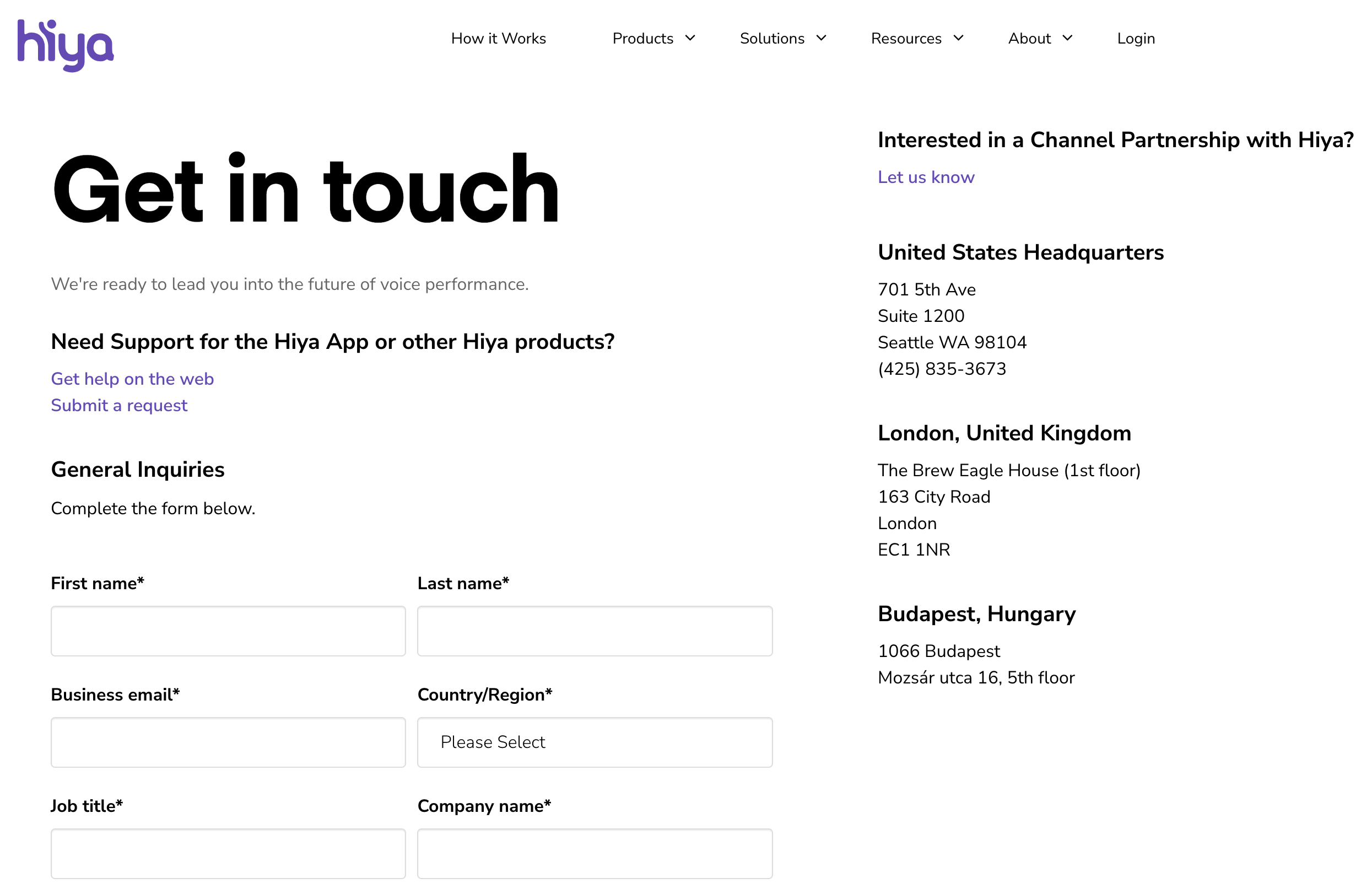 Hiya Contact us Page