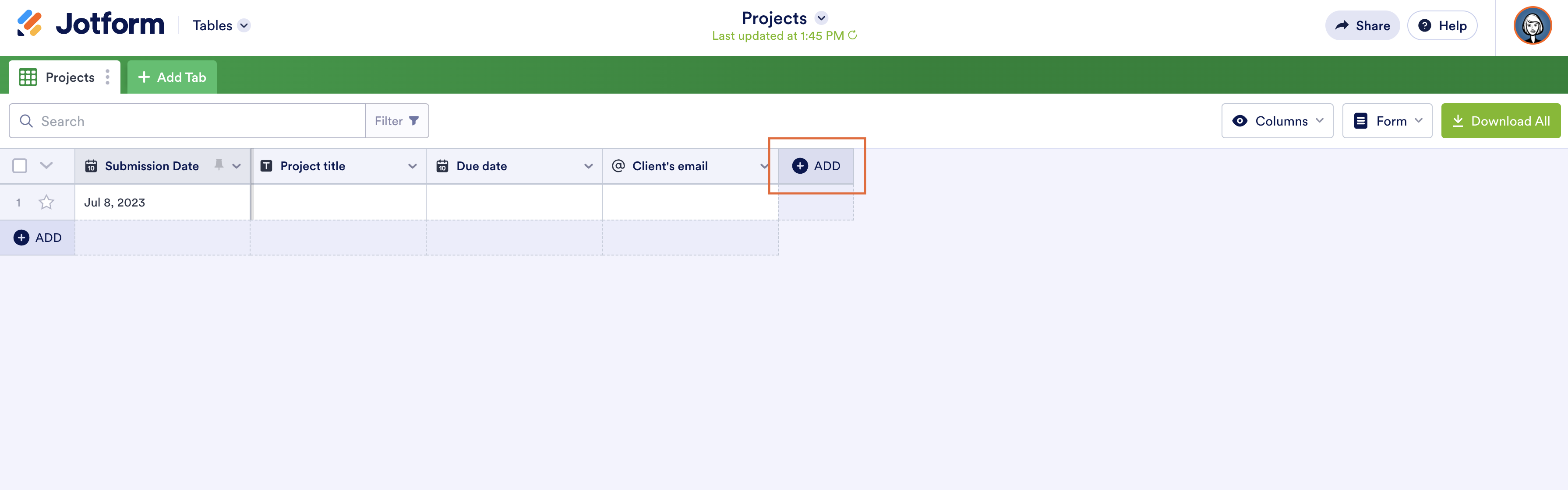 Screenshot of the top row of a Jotform Table with the "Add" tab highlighted