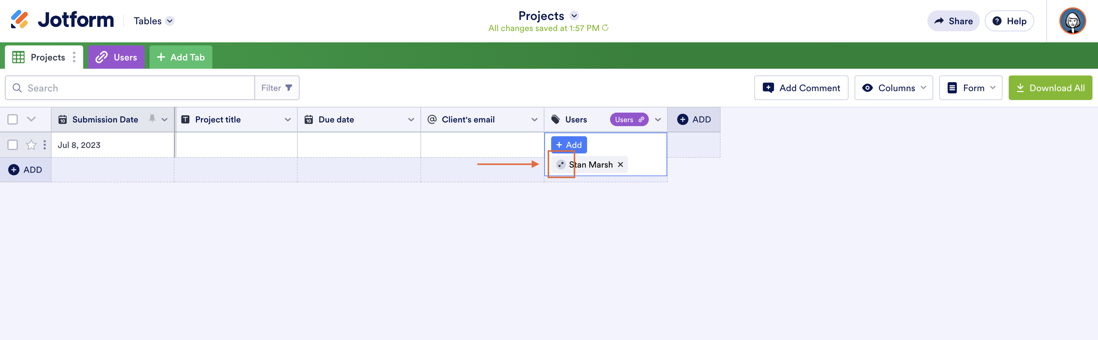 Screenshot of the top of a Jotform Table
