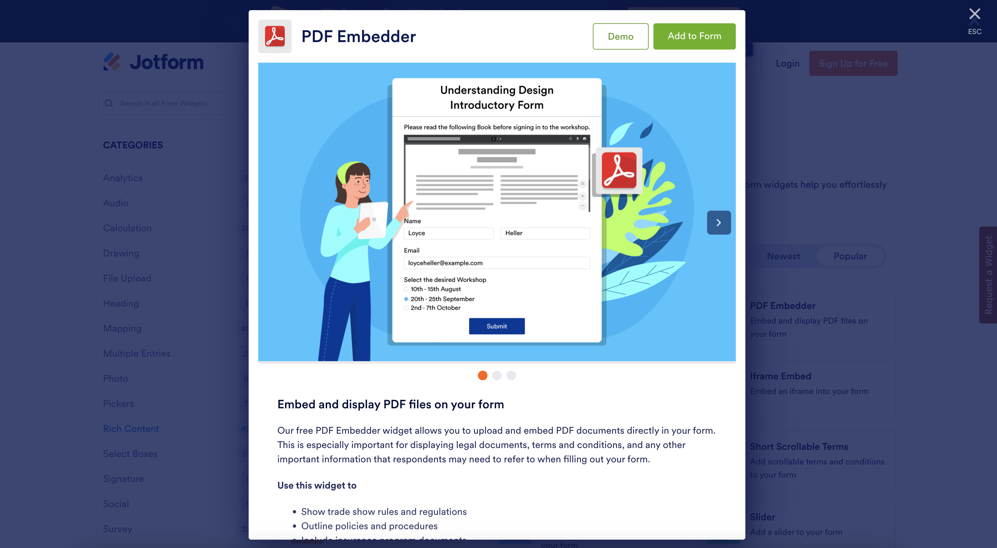 PDF Embeder Page Listed in Jotform Widgets
