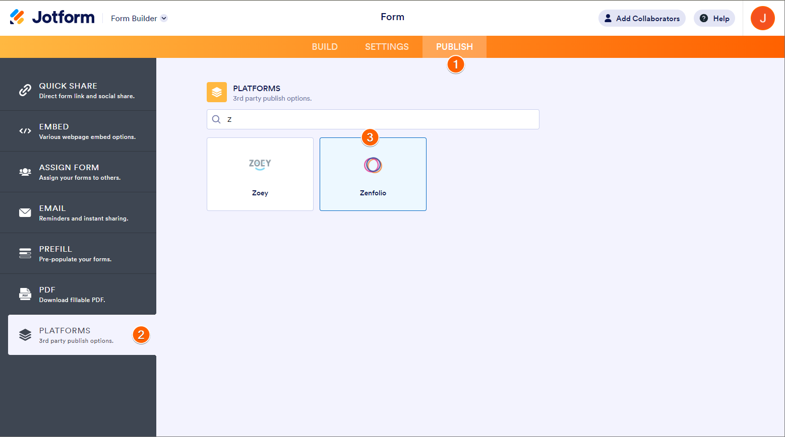 Zenfolio as one of the 3rd party publish options in the Platform section of the Jotform Form Builder