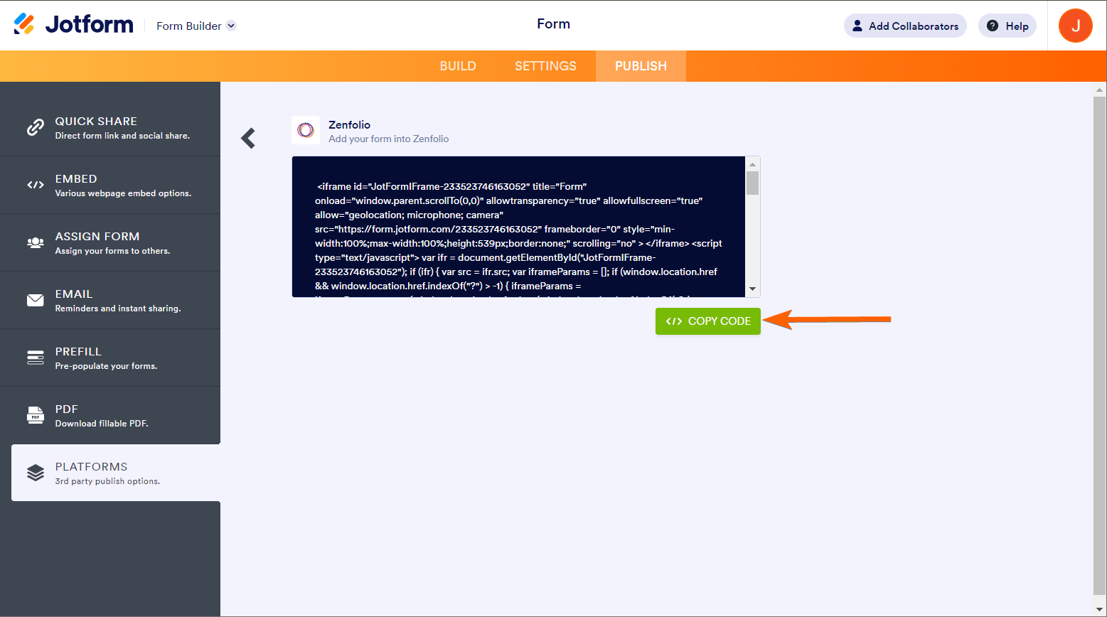 Copy Code button in Zenfolio publish option