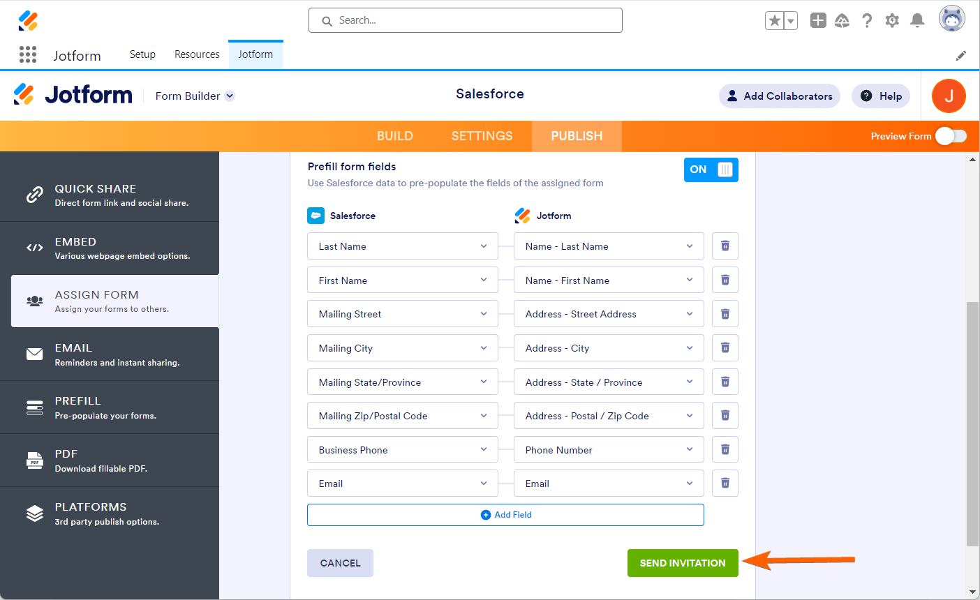 Send Invitation button when assigning form to Salesforce contacts