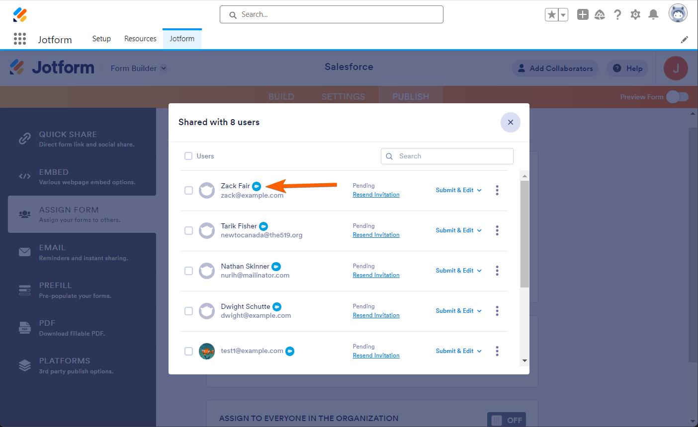 Assignee in the Assign Form section of the Jotform Form Builder showing the Salesforce icon next to it