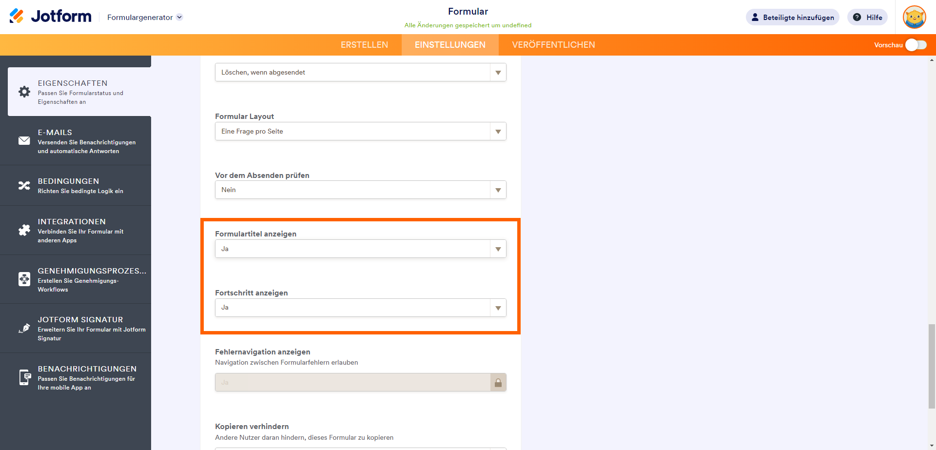 Wie Sie den Formulartitel und den Fortschrittsbalken in Jotform-Karten ausblenden Image-3