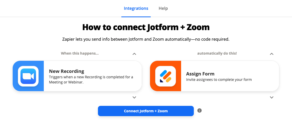 Zapier's Integration Page on How to Connect Jotform and Zoom 