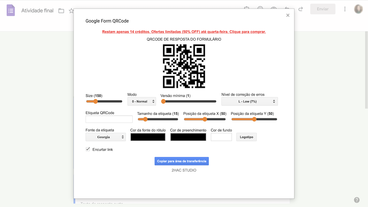 Interface de usuário do QR Code Generator