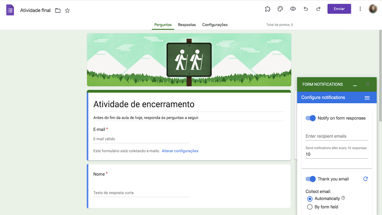 Interface de usuário do Form Notifications