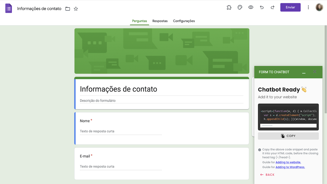 Interface de usuário do Form to Chatbot