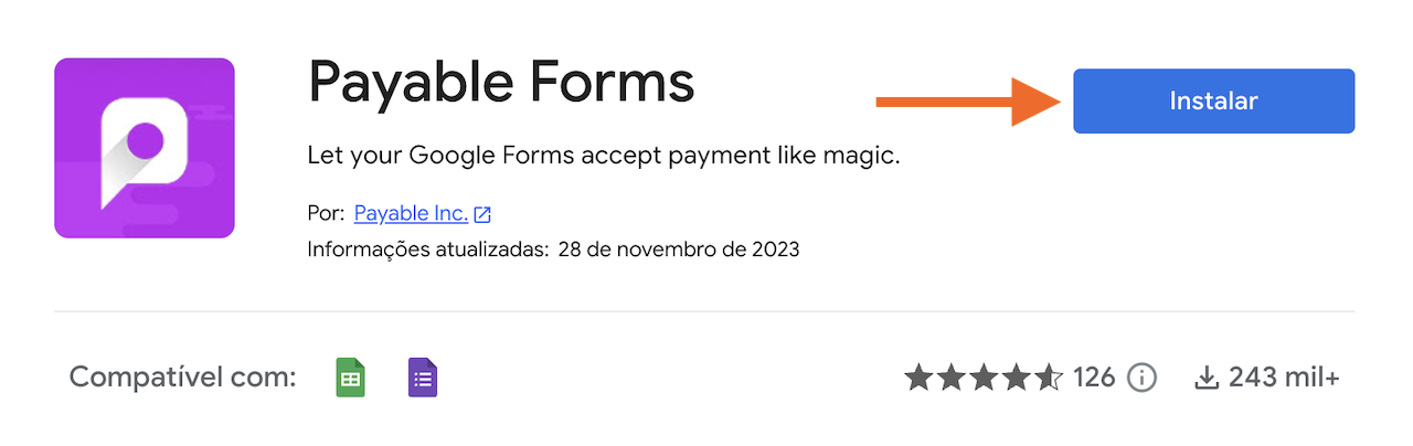 Captura de tela mostrando a instalação do complemento Payable Forms