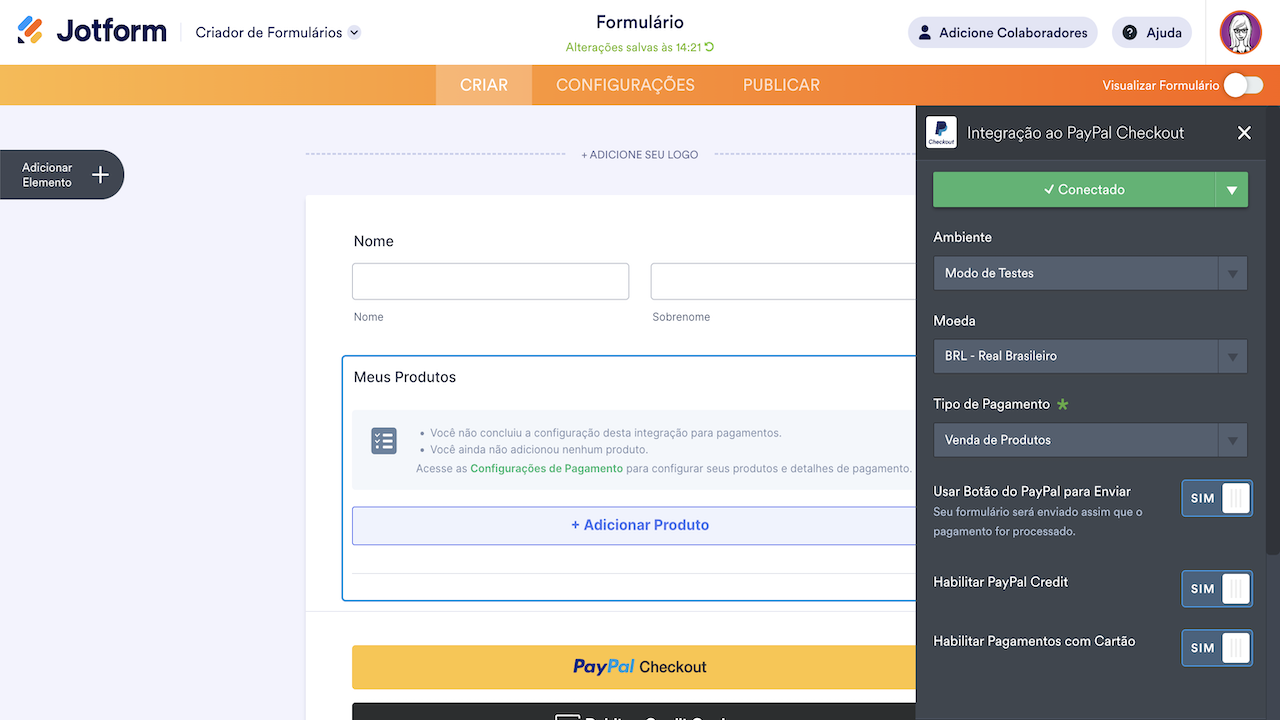 Captura de tela do menu Configurações de Pagamento na interface do Criador de Formulários