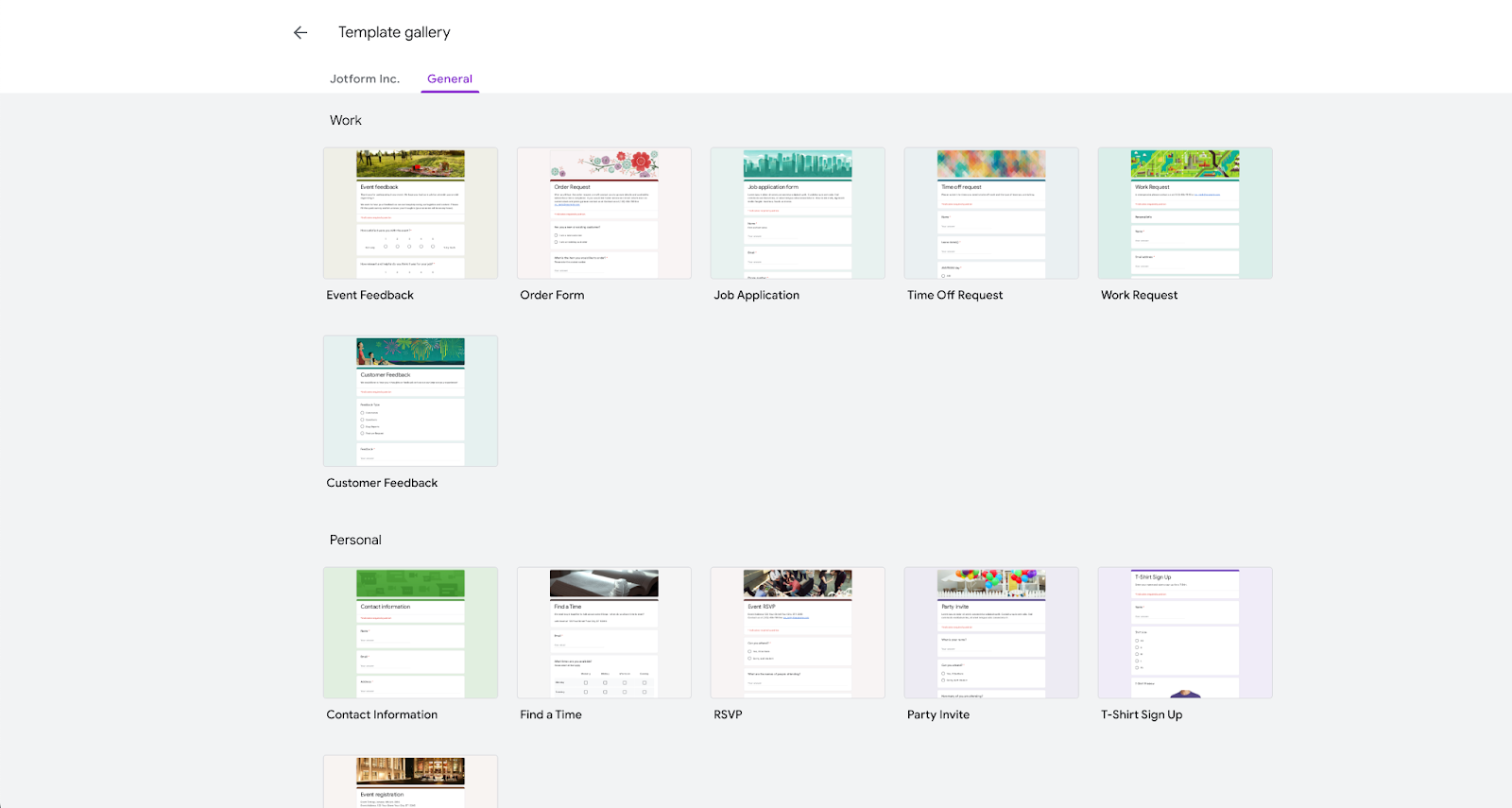 Halaman Galeri Templat di Formulir Google