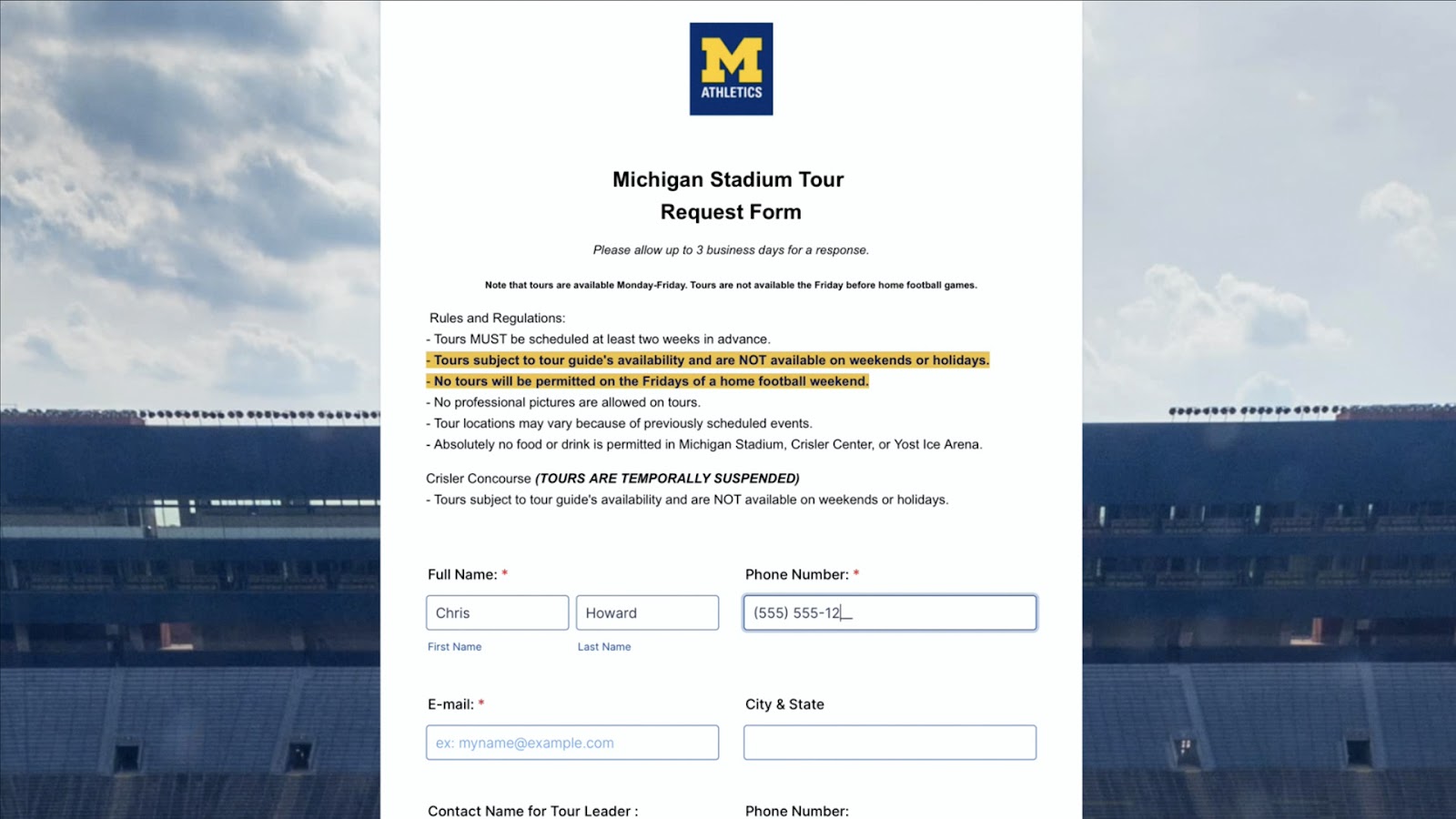 Michigan Stadium Tour Request Form in Jotform Form Builder