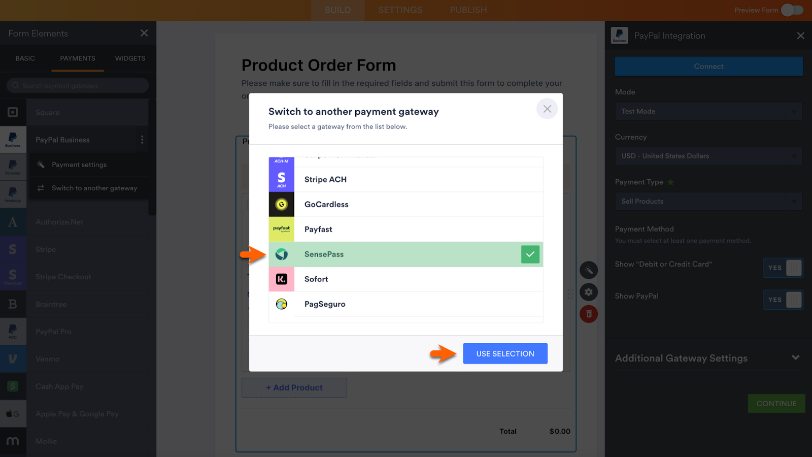 Selecting SensePass Integration and Clicking on Use Selection in the "Switch to Another Payment Gateway" Window